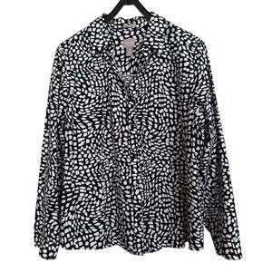 Chico’s Women’s Sz 3(XL) No Iron Black White Geometric Print Long Sleeve Blouse